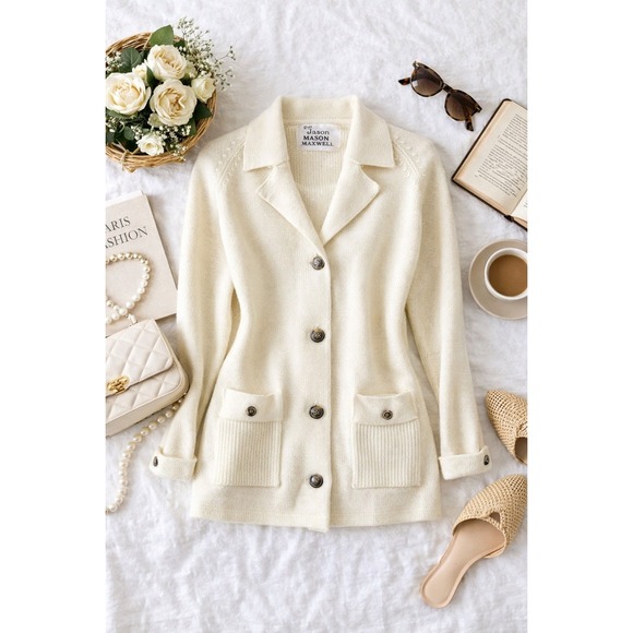 jason maxwell Sweaters - Jason Maxwell Vintage 90s Cream Knit Blazer Cardigan Grandpa Core Old Money L